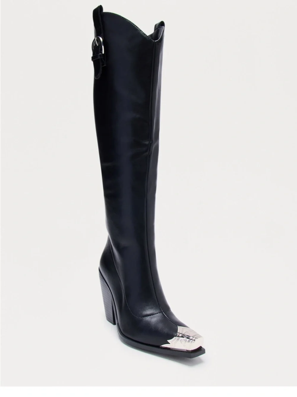 Fashion Nova Black Over-The-Knee Western Boots with Silver Toe